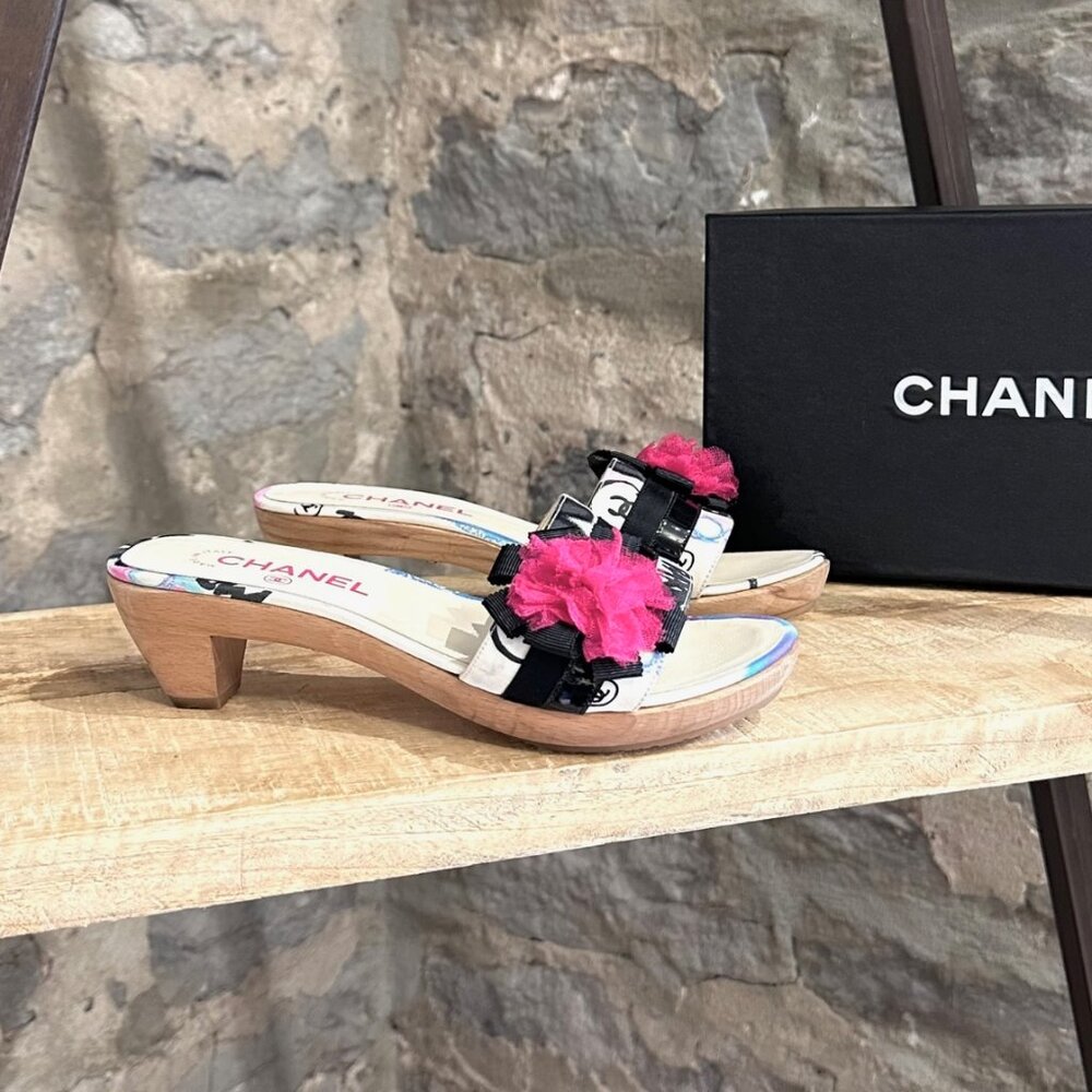 Chanel Vintage Graffiti Flower Accent Slip-on Wooden Sandals